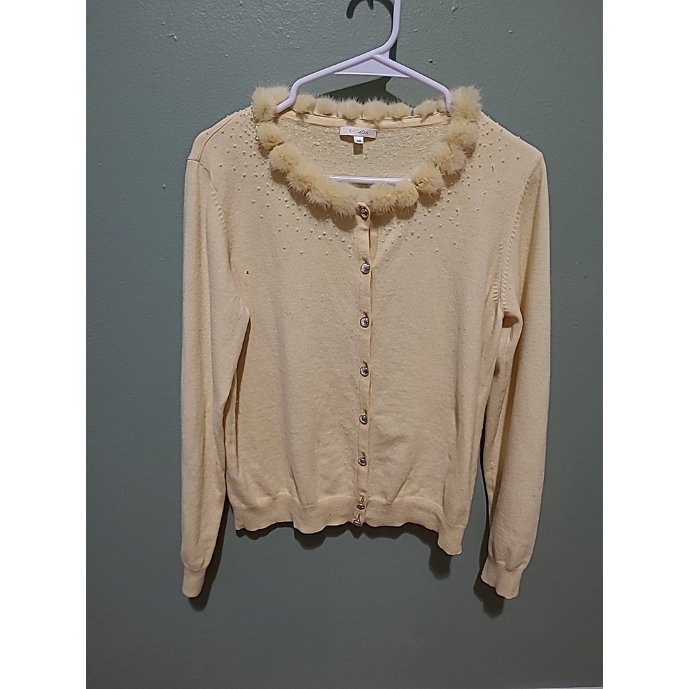 Escada Butter‎ Yellow Cashmere Wool Blend Beaded Sweater with Mink Collar READ